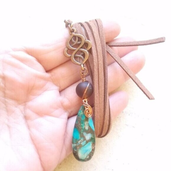 One-of-a-kind Celtic Knot & Sea Sediment Jasper Necklace w. 45" Faux Suede Cord - Picture 3 of 7